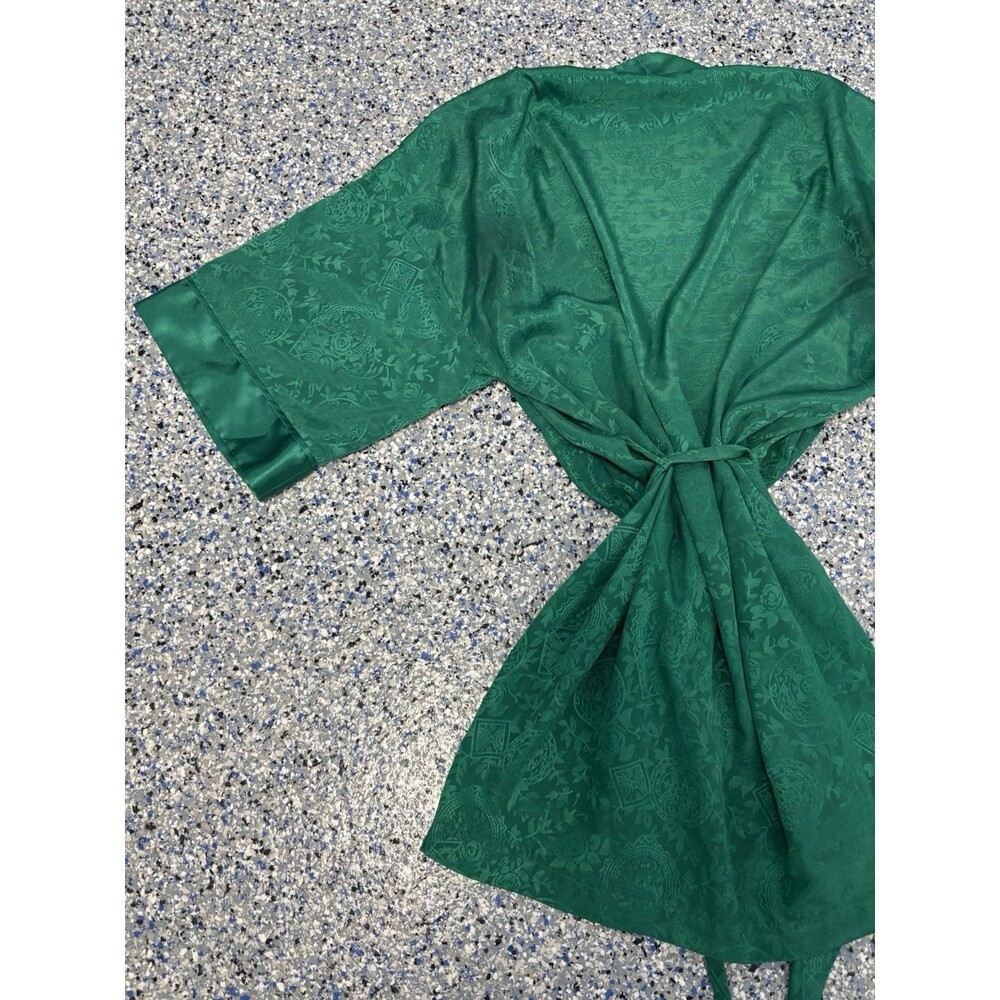 Vintage 90s Victoria's Secret Satin Kimono Womens Robe OS Green Jacquard Paisley - Picture 5 of 8